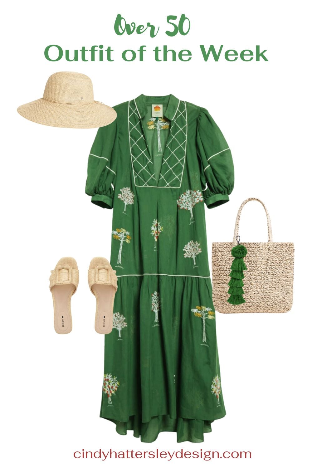 Farm Rio Outfit of the week green embroidered dress with raffia accessories