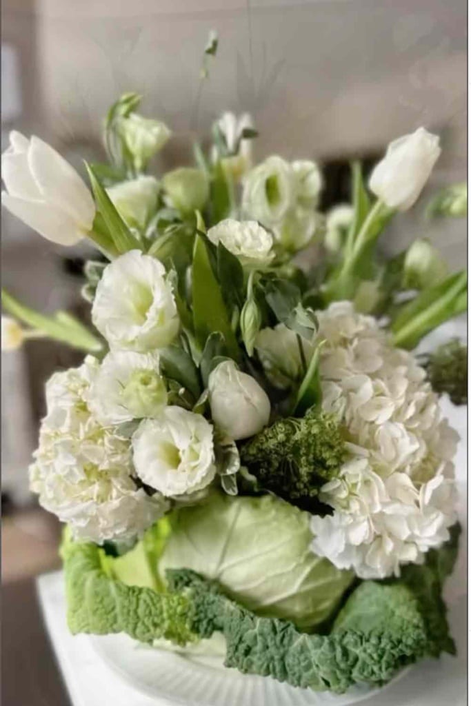 Cabbage and white flower centerpiece | Simple Spring Cleaning and Decorating Tips