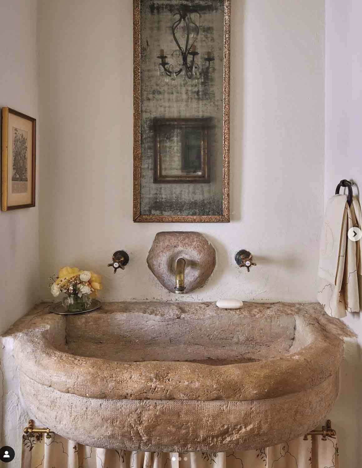 Indulge Decor and Fashion Bath in Milieu Magazine-powder bath with antique stone sink