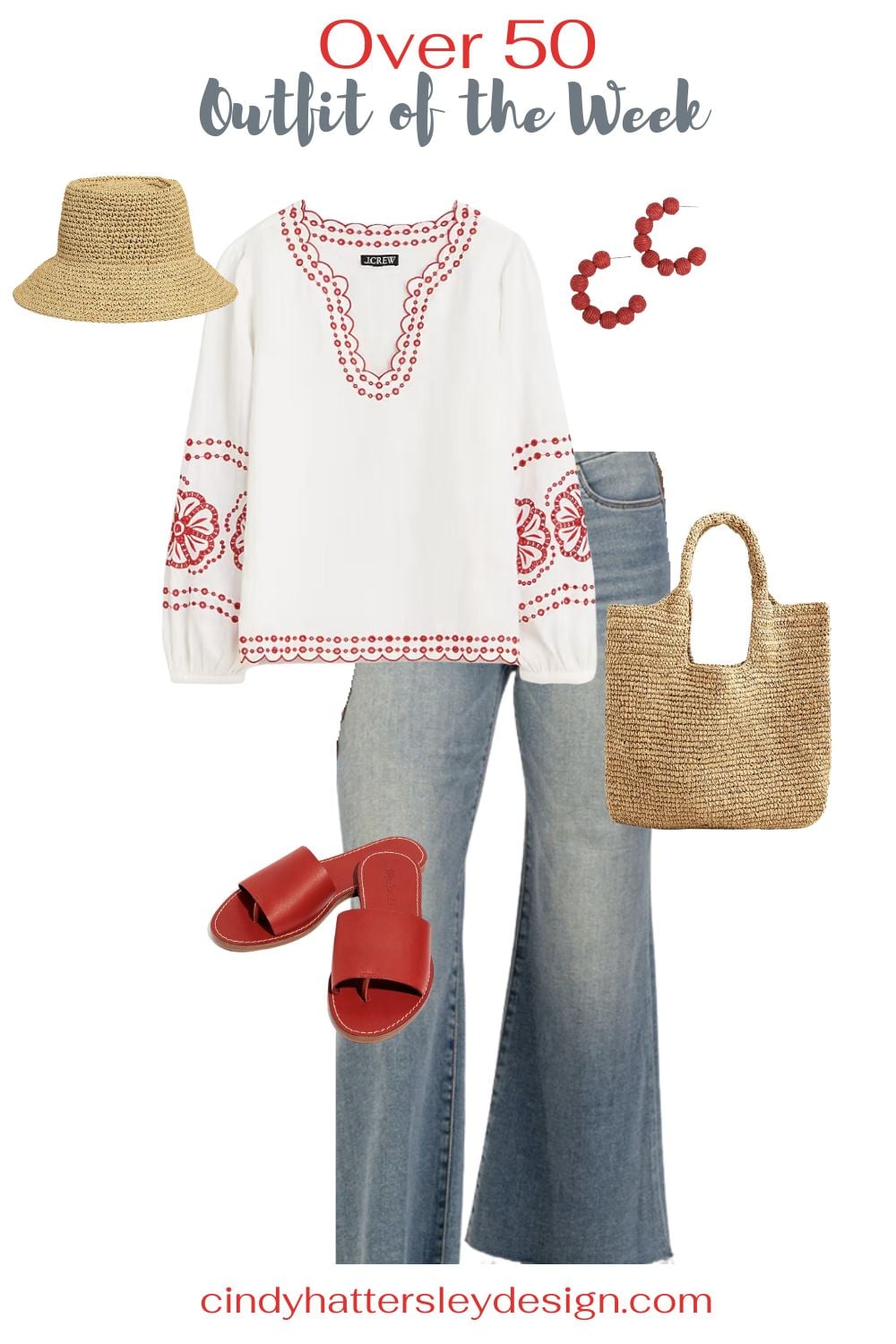 Make Mom Feel Special this Mother's Day by buying her an outfit from J Crew Bungalow Top Outfit with Straw Accessories and Red Sandals & Jeans