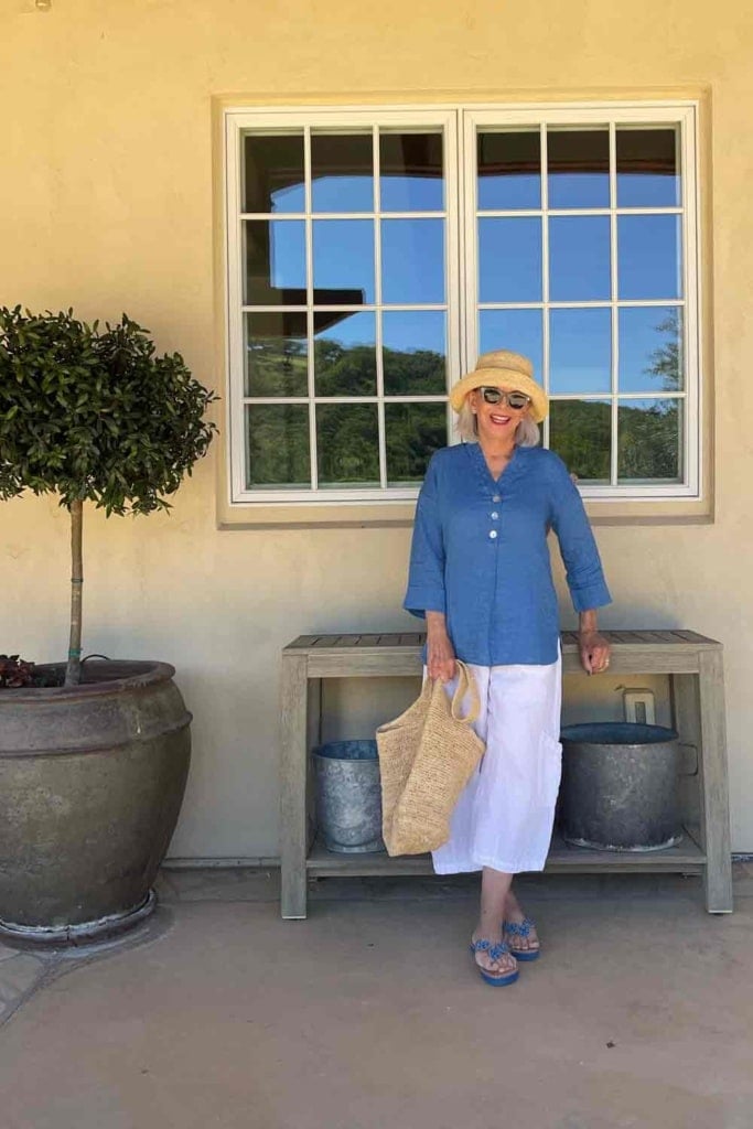 J Jill Blue Linen shirt and Bryn Walker Casbah Pant