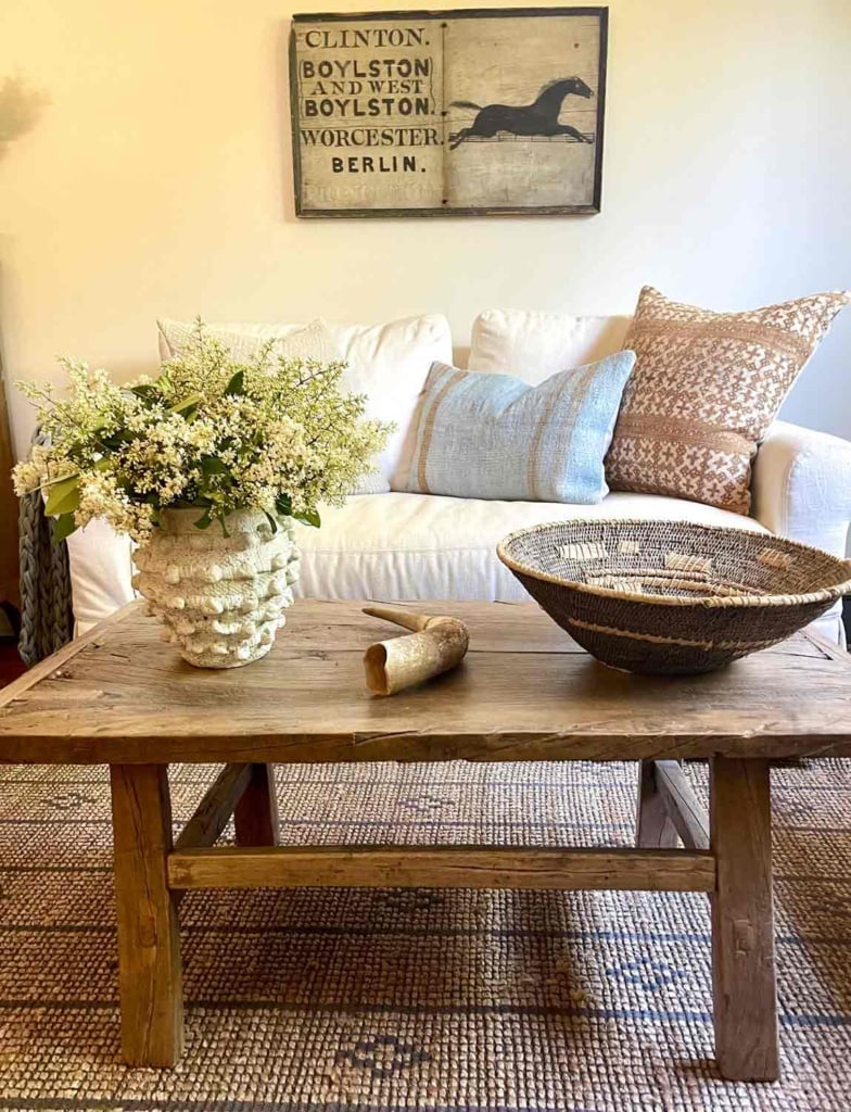 vintage coffee table with vase of flowers, bowl and cow horn