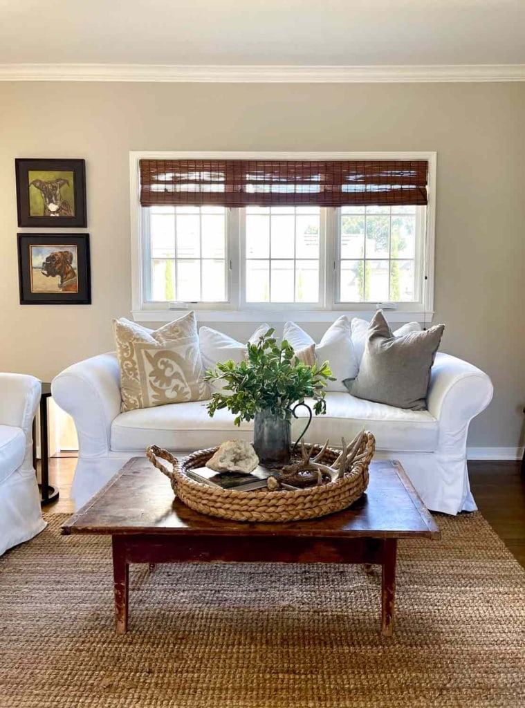 neutral family room with spring coffee table decor