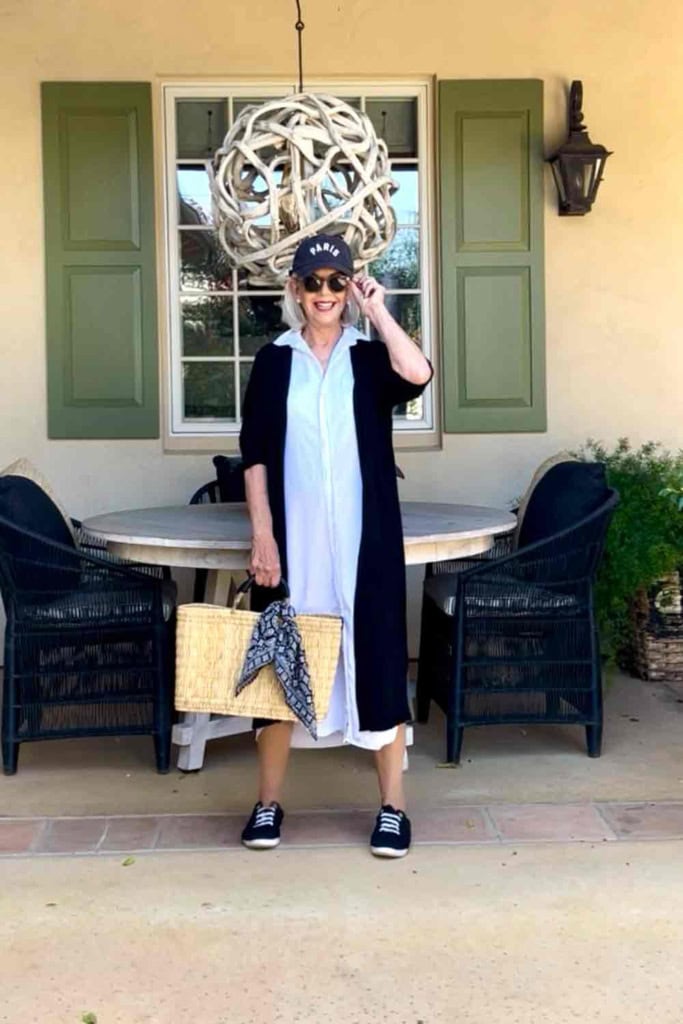 Frank and Eileen Shirt Dress styled with Mersea Sweatr and Sneakers