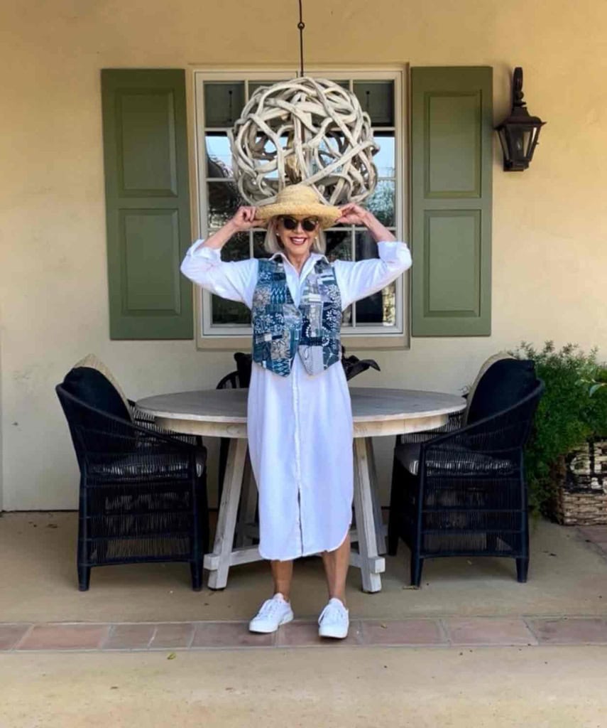 Frank and Eileen white shirt dress with tancredi & morgen vest and sneakers