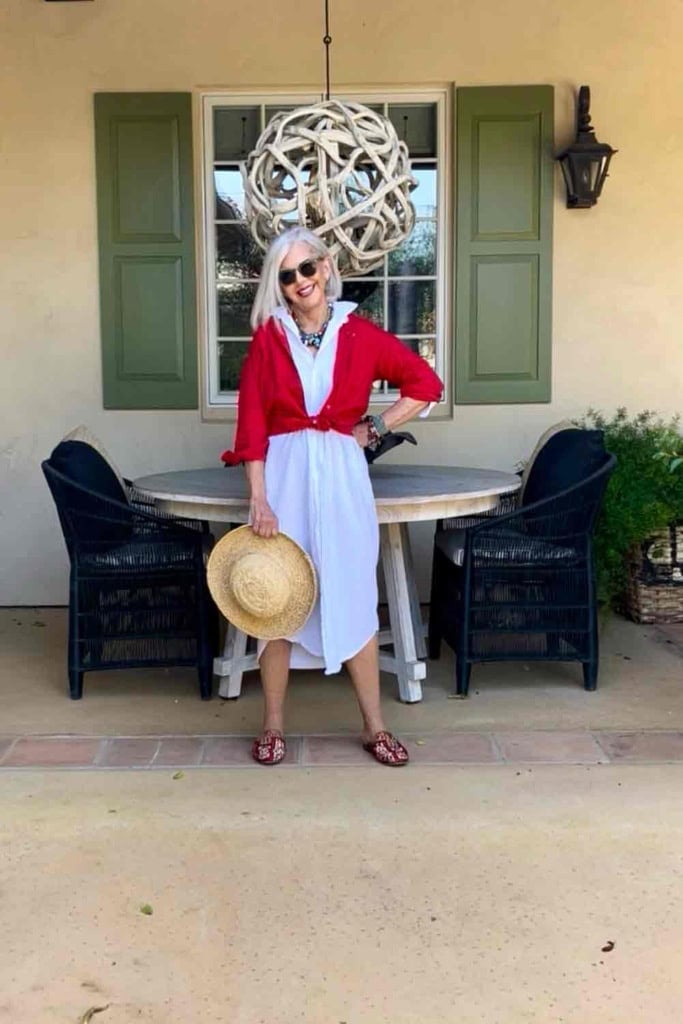 Frank and Eileen shirt dress with red linen shirt and colorful jewelry