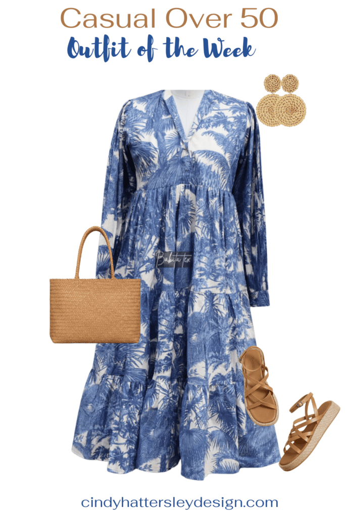 blue and white chinois midi dress outfit