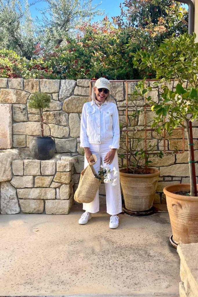White Denim jacket with white denim pants and sneaks