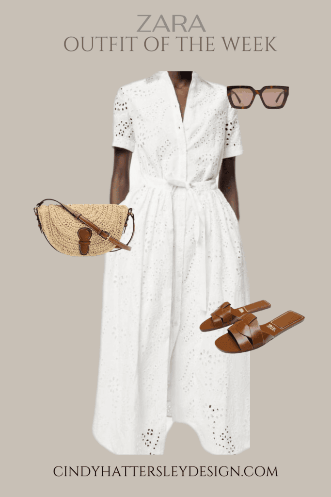 Zara Eylet Dress, straw crossbody, sandals and sunnies