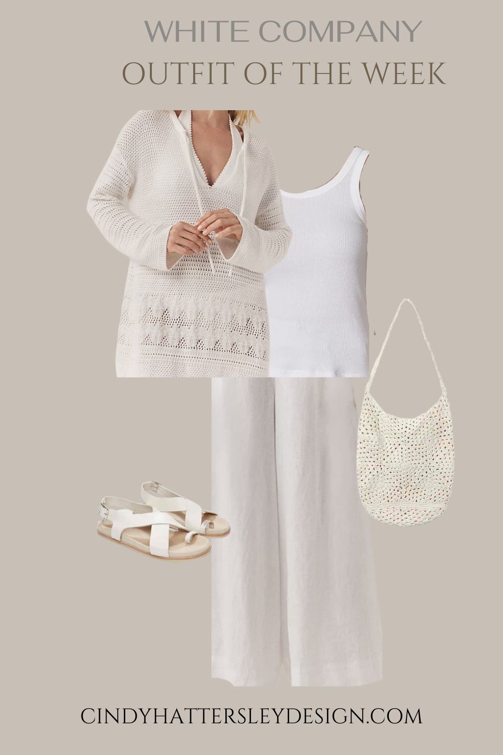 White Company open weave sweater, linen pants, tank, cochet bag and sandals