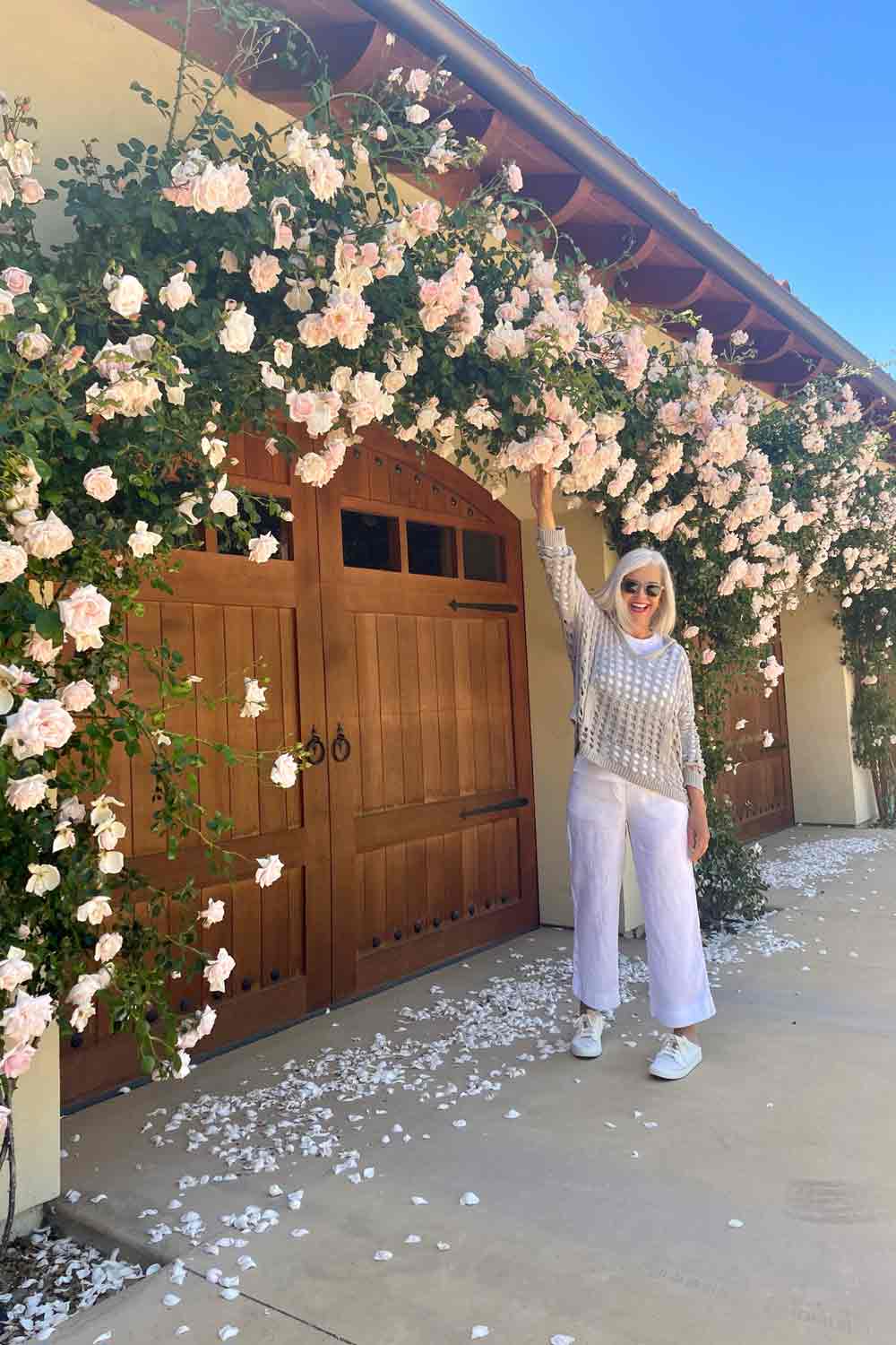 Gray open weave sweater with white linen