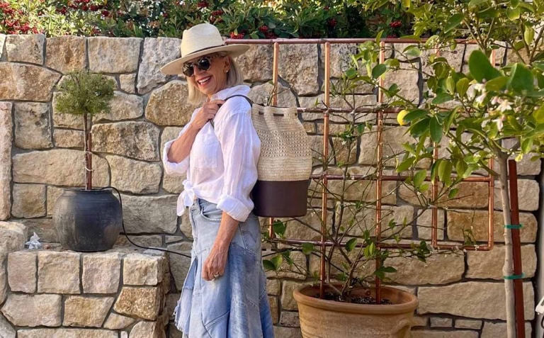 Patchwork jean skirt, linen shirt, straw accessories