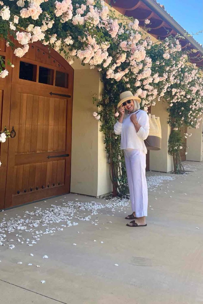 White linen open weave sweater with linen pants