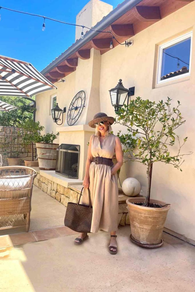 Frank and Eileen Daphne Dress belted with brown accessories