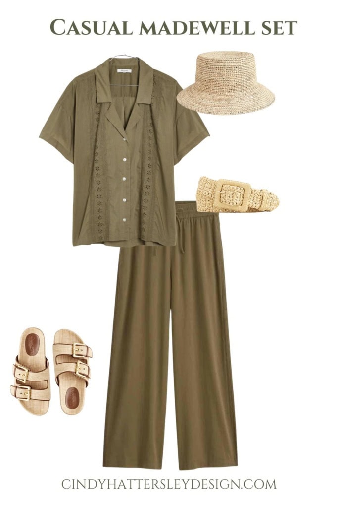 Madewell Moss Green Pants and Top with straw accessories