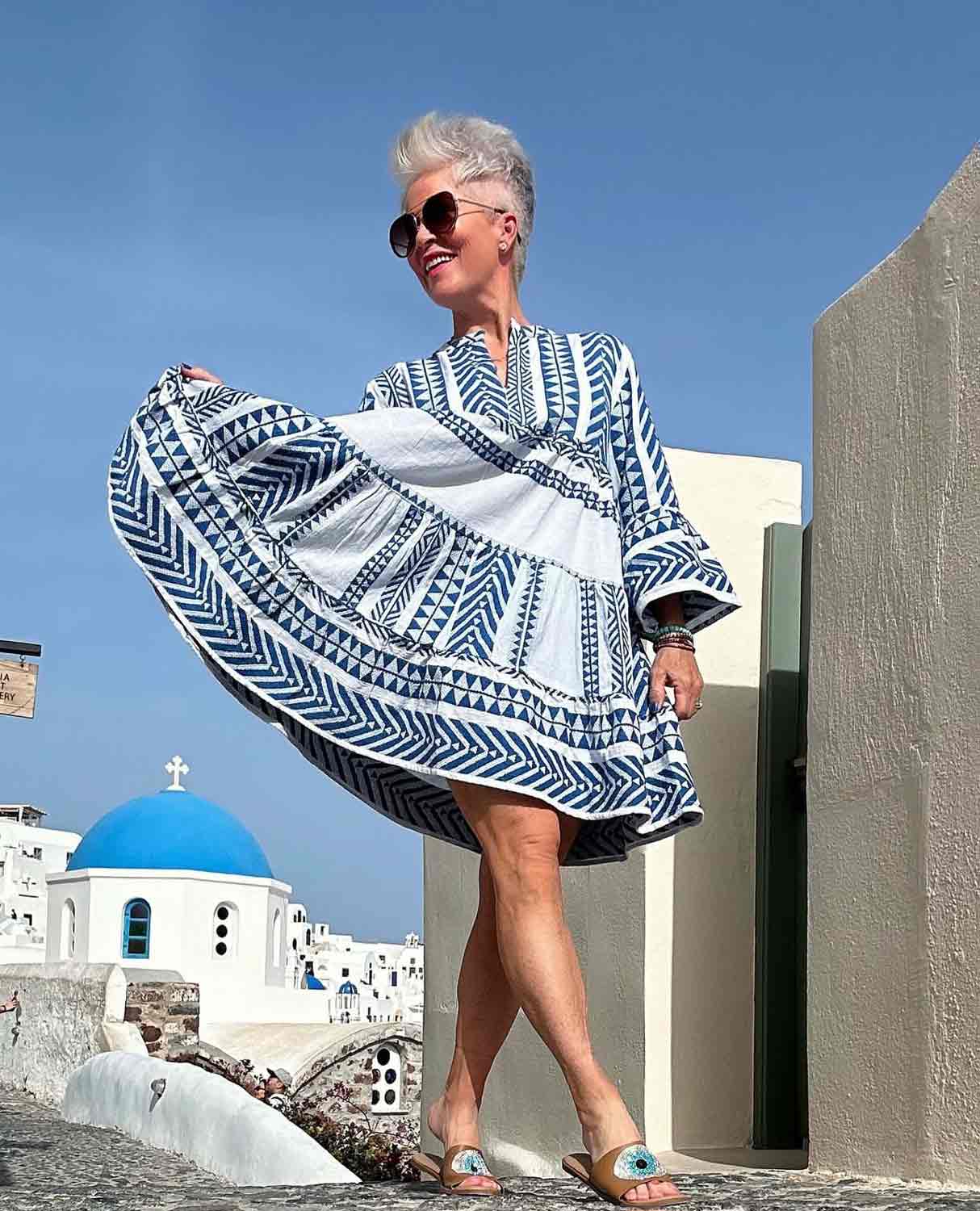 Shauna Grow Chic Over 50 in blue and white dress