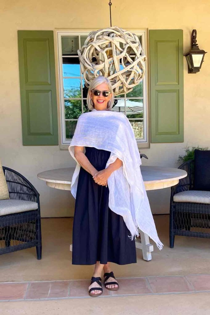 black sleeveless dress with white linen wrap-cindy hattersley