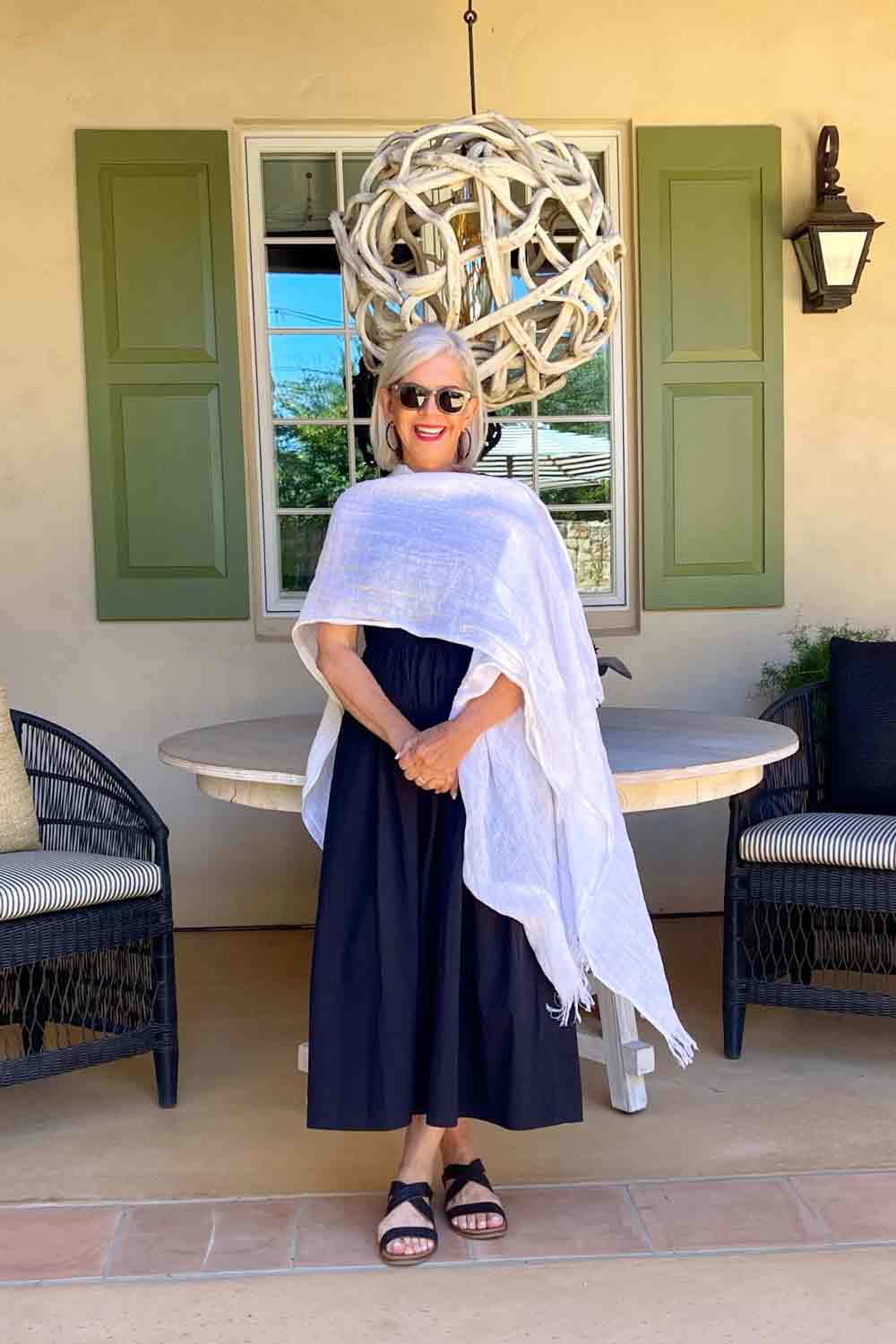 black sleeveless dress with white linen wrap-cindy hattersley