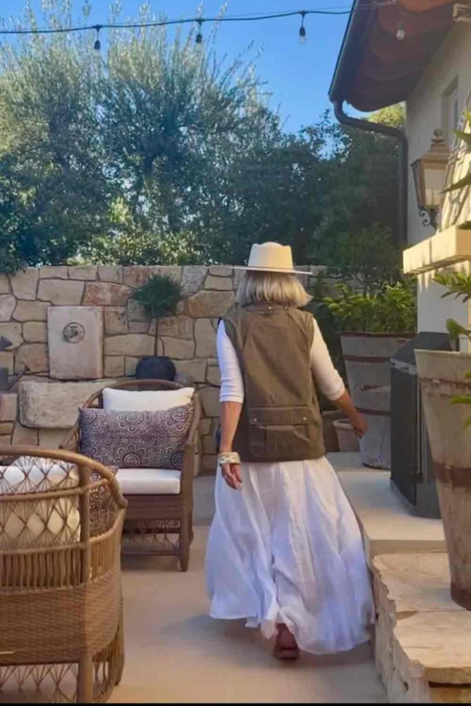 white maxi skirt with utility vest-cindy hattersley