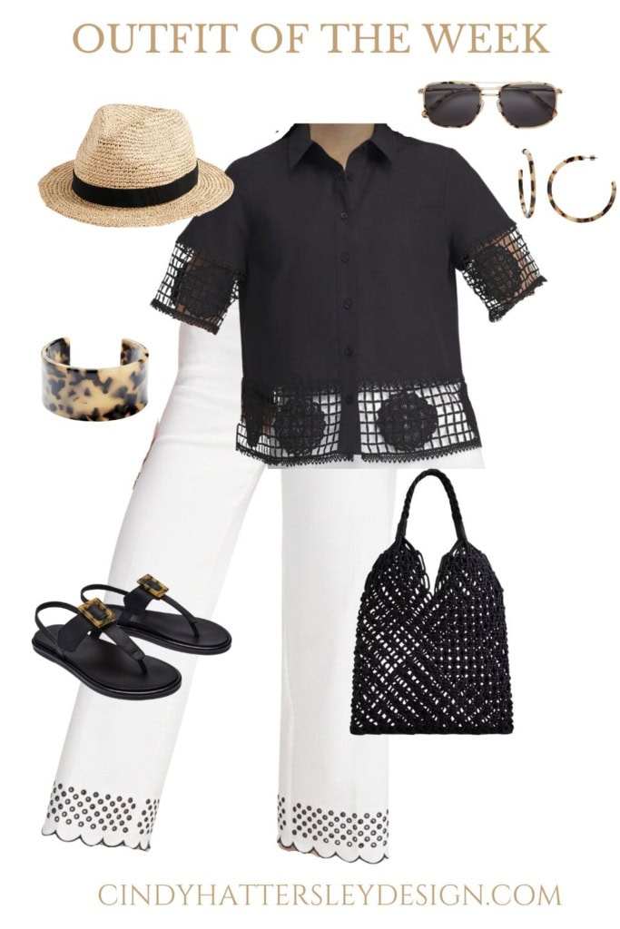 Chicos white pants and black cutout top, J Crew Machete & Olukai accessories