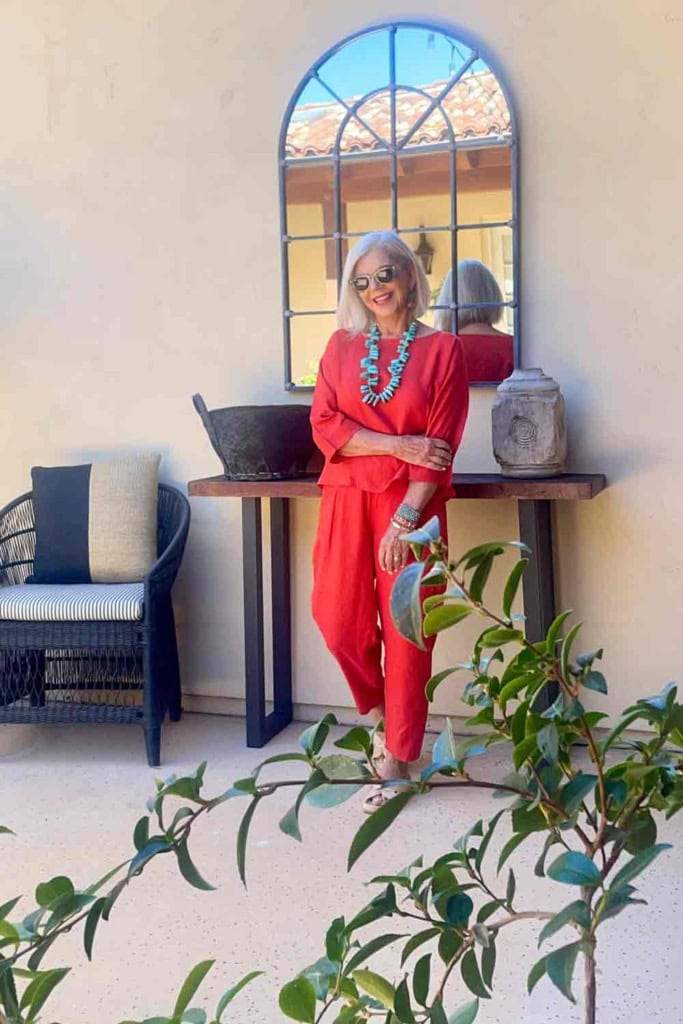 eileen fisher red linen pants and top