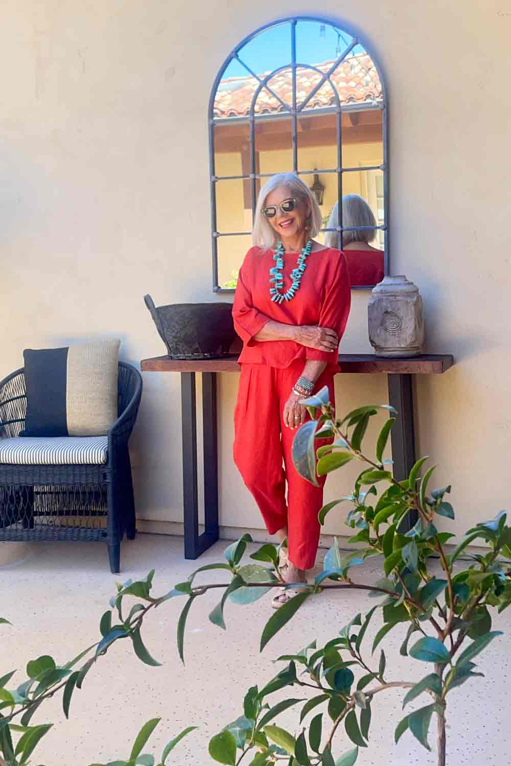eileen fisher red linen pants and top