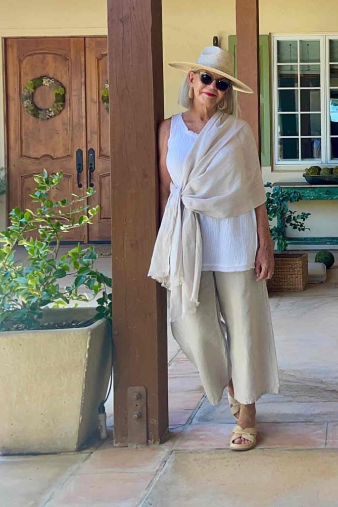 eileen fisher linen pants and sleeveless shirt with shawl