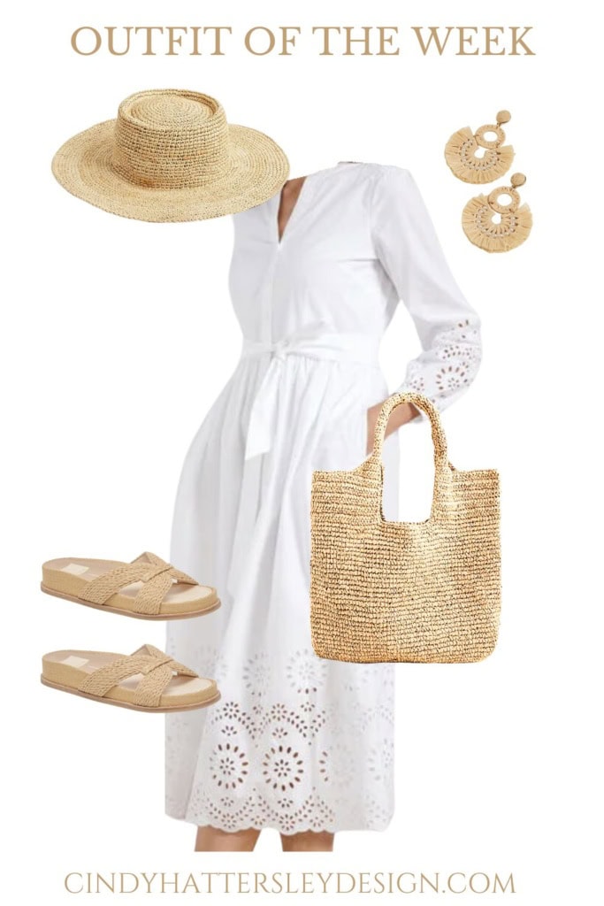 Talbots eyelet midi dress with raffia accessories