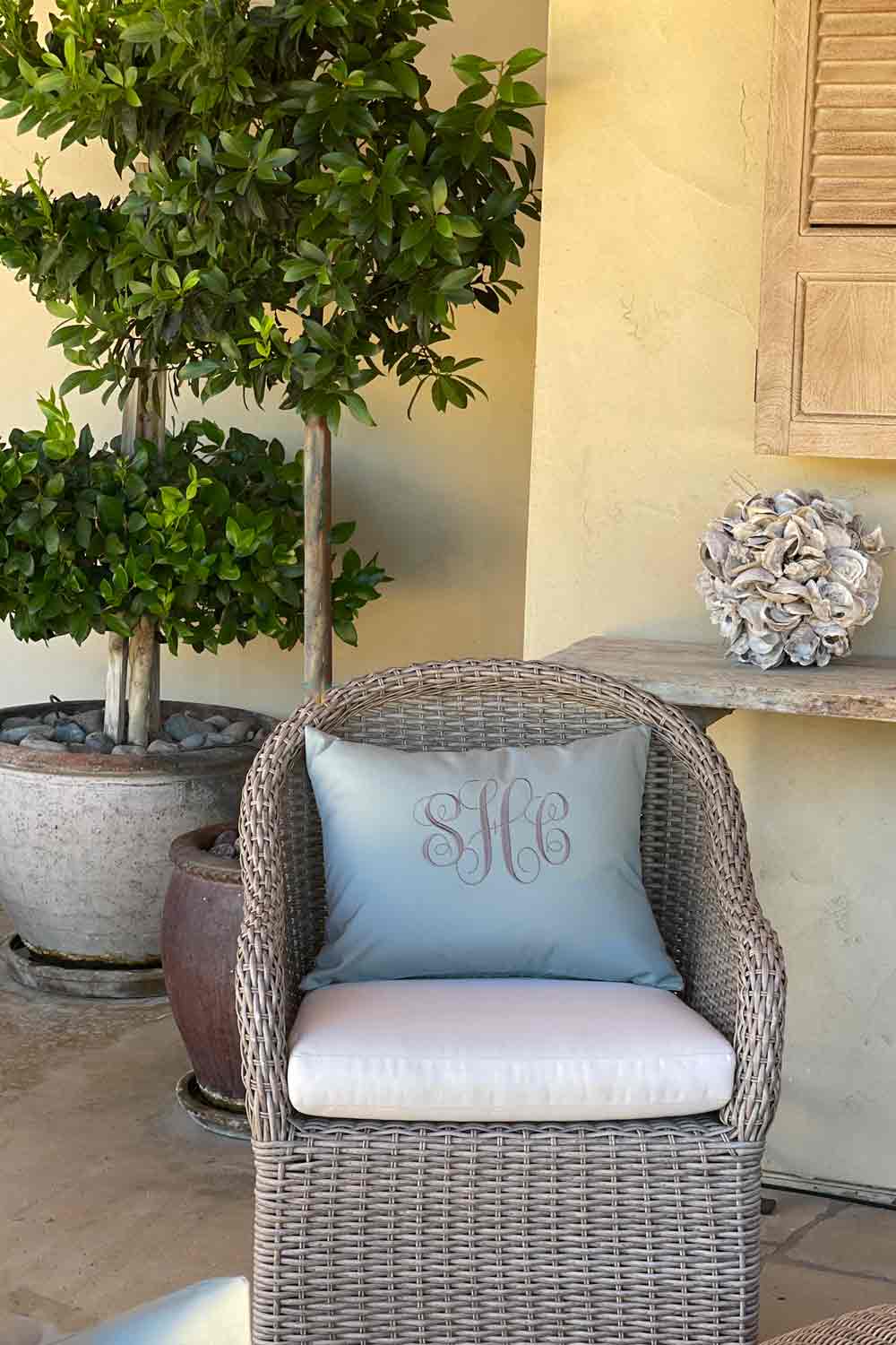 monogrammed pillow in perennials fabric by Trish from Cottage by Design