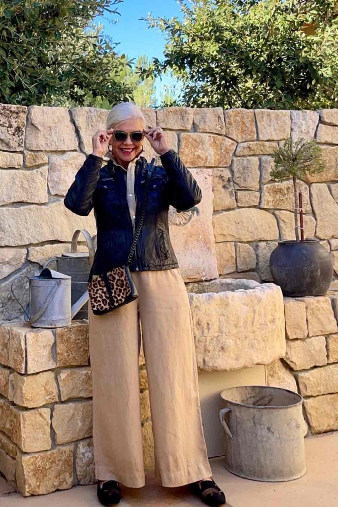 frank and eileen tuscan set with leather moto jacket for fall