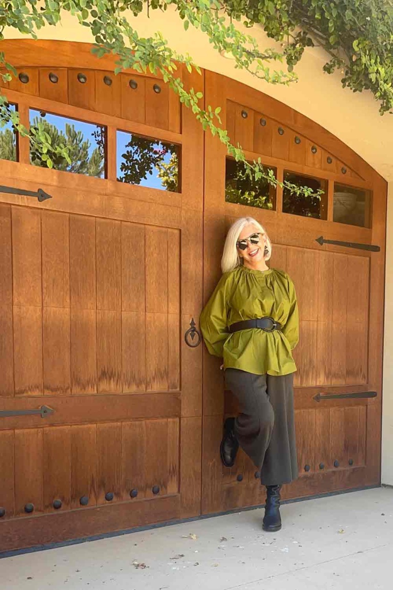 cos culottes and olive shirt