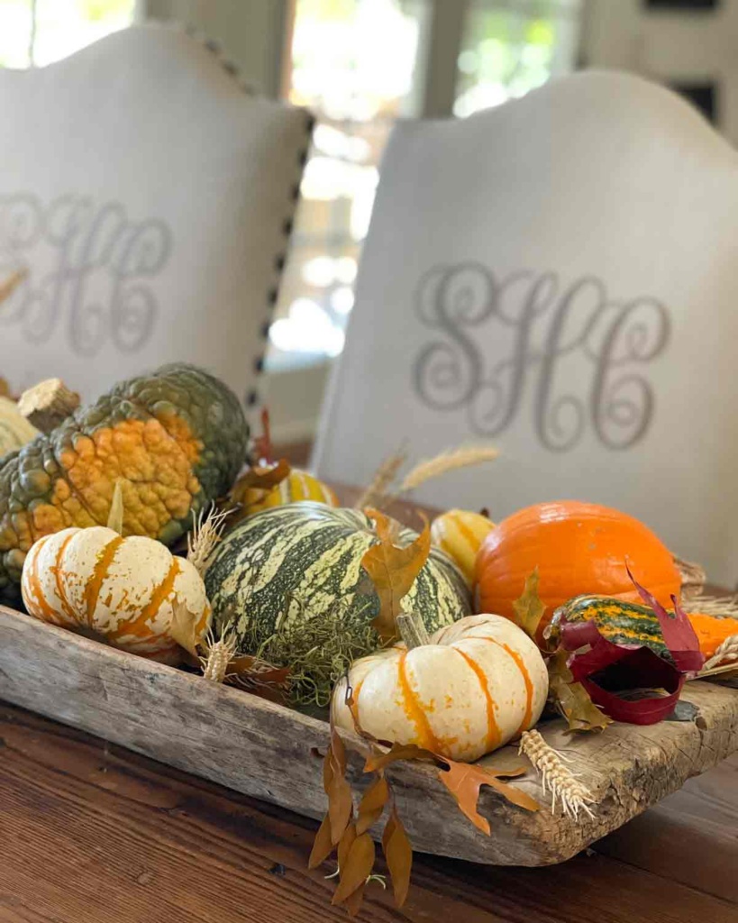 antique dough bowl with pumpkins