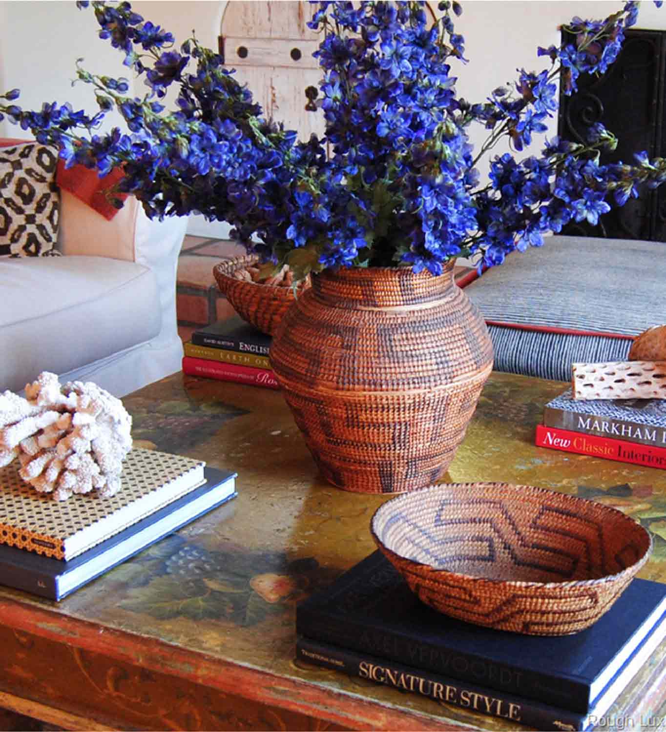 coffee table with native american baskets and books