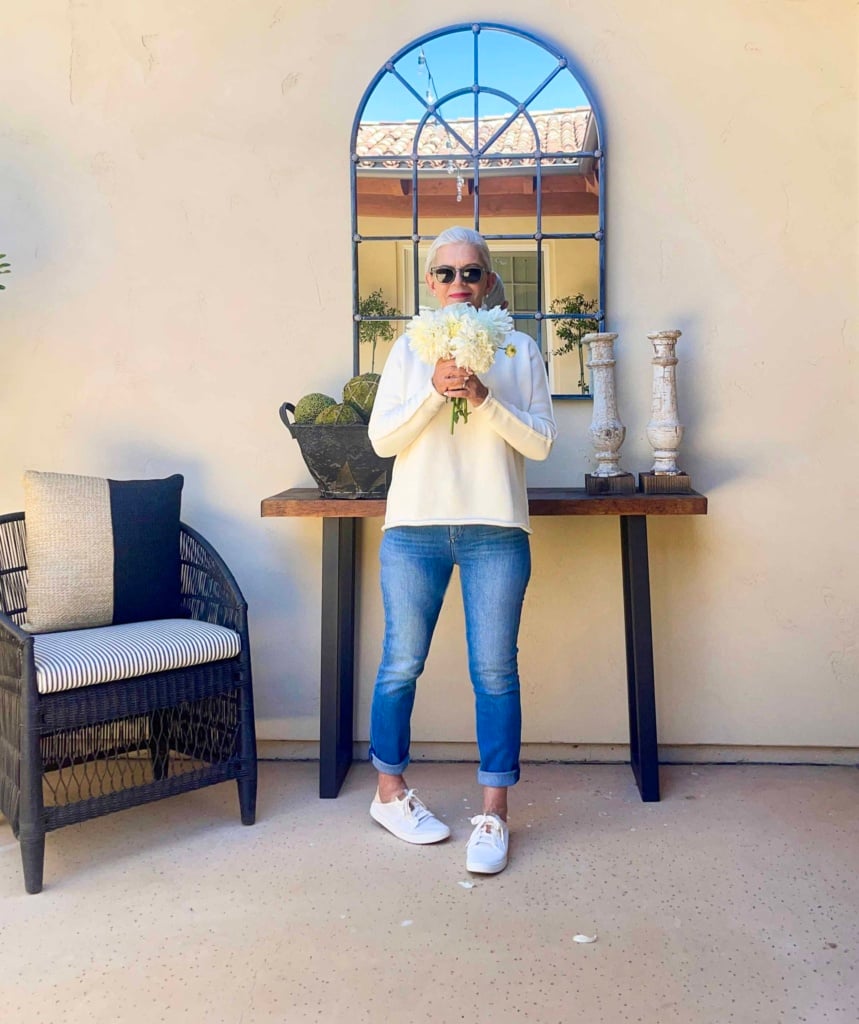 cindy hattersley wearing F&E Monterey Sweater & Jeans