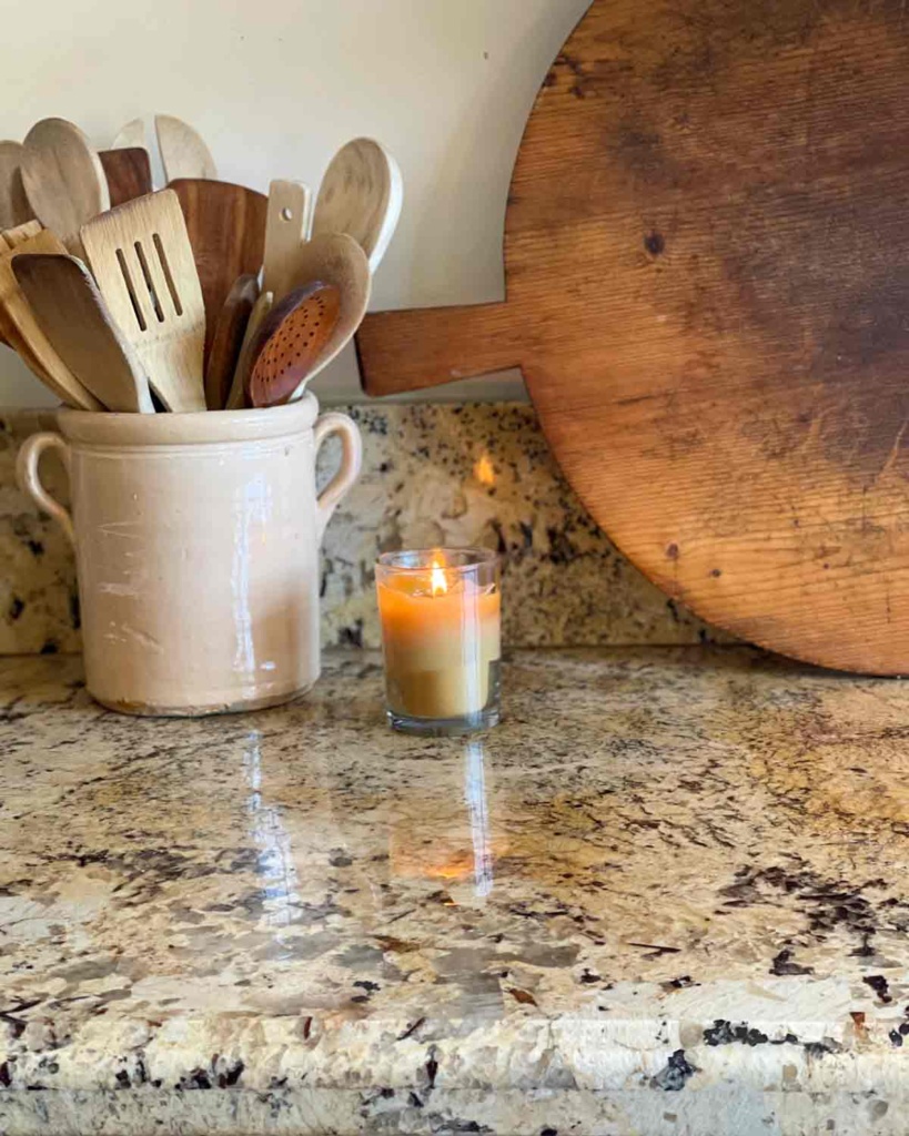 vintage breadboard and italian pot on counter