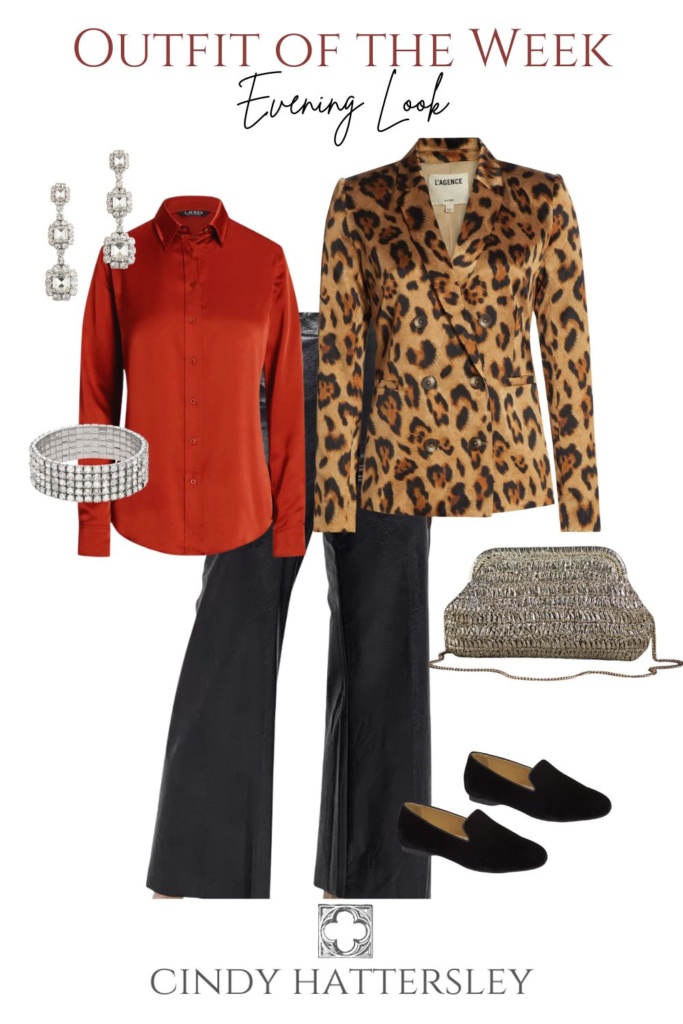 evening outfit with leopard blazer and leather pants