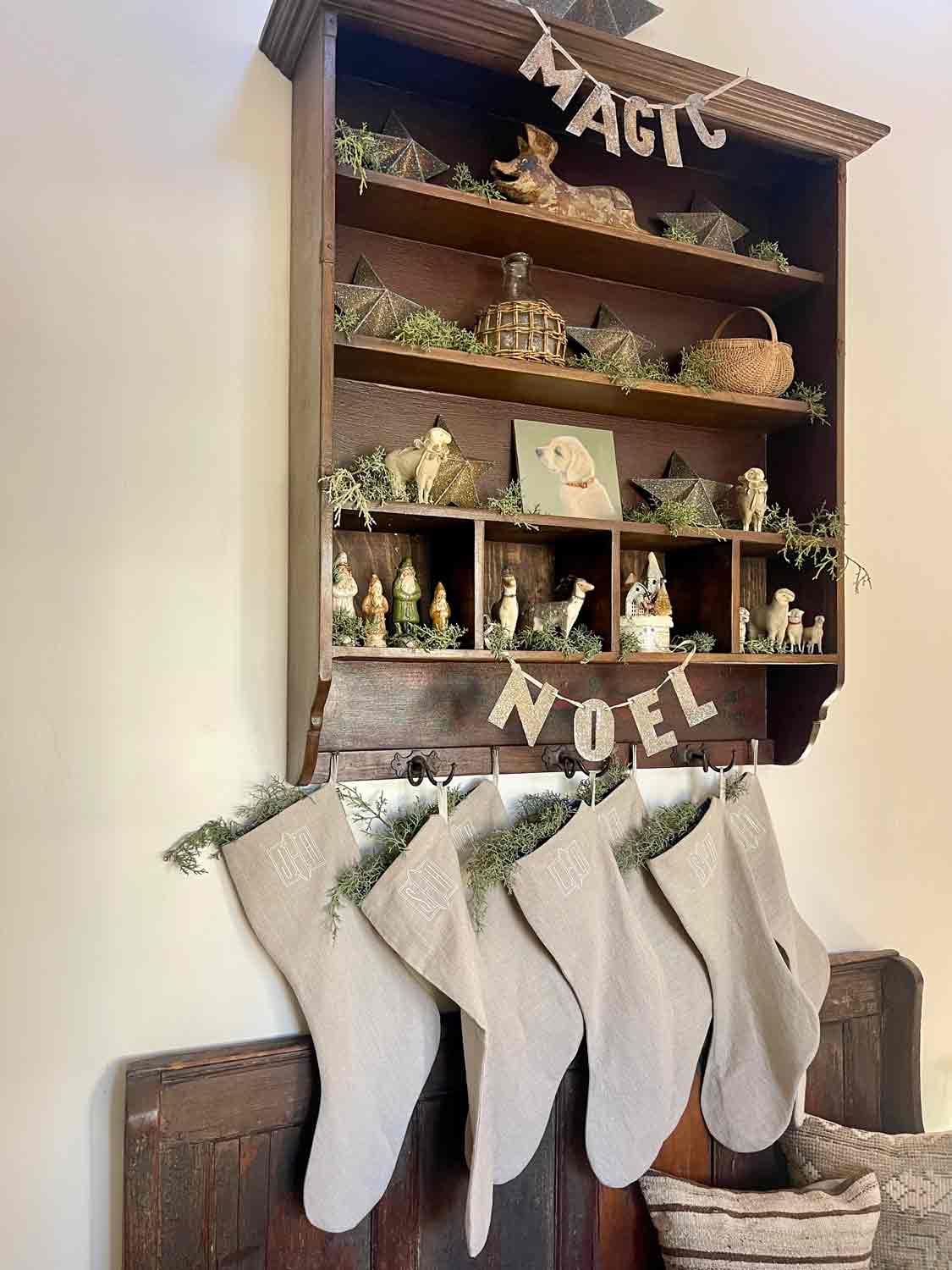entry cupboard decorated for Christmas