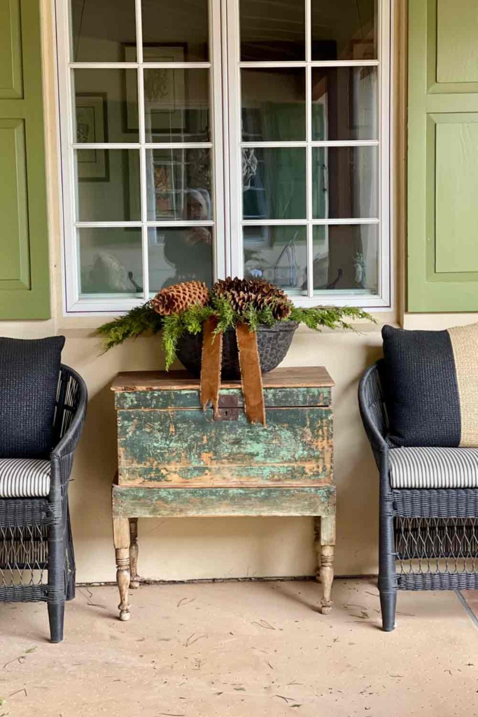 Antique Mexican chest on legs with vintage basket 