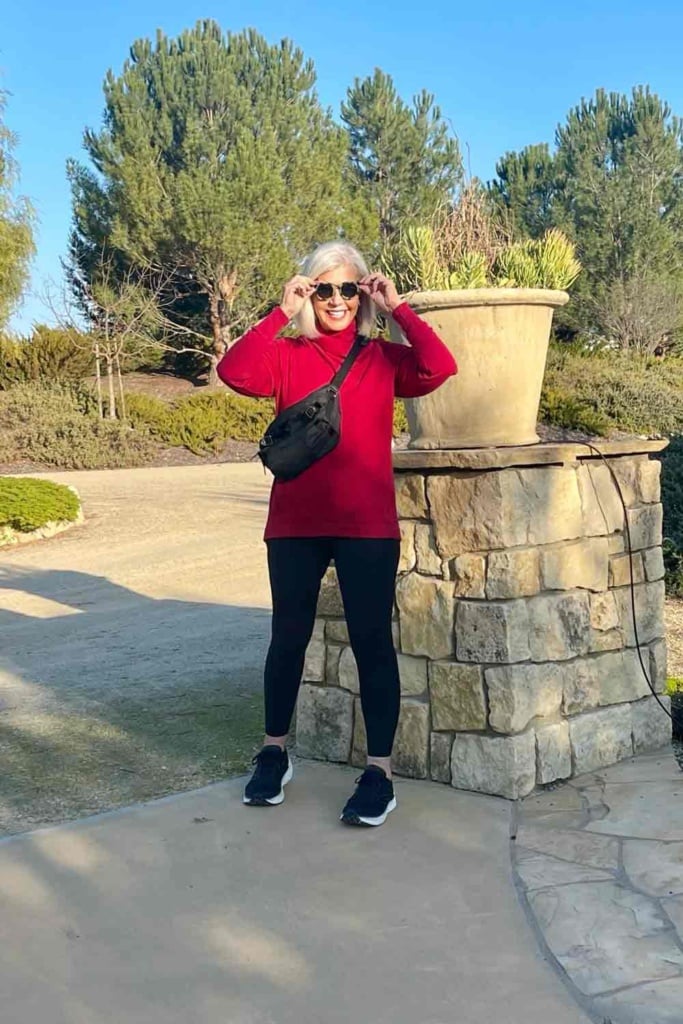 athleta sweatshirt, leggings, and crossbody