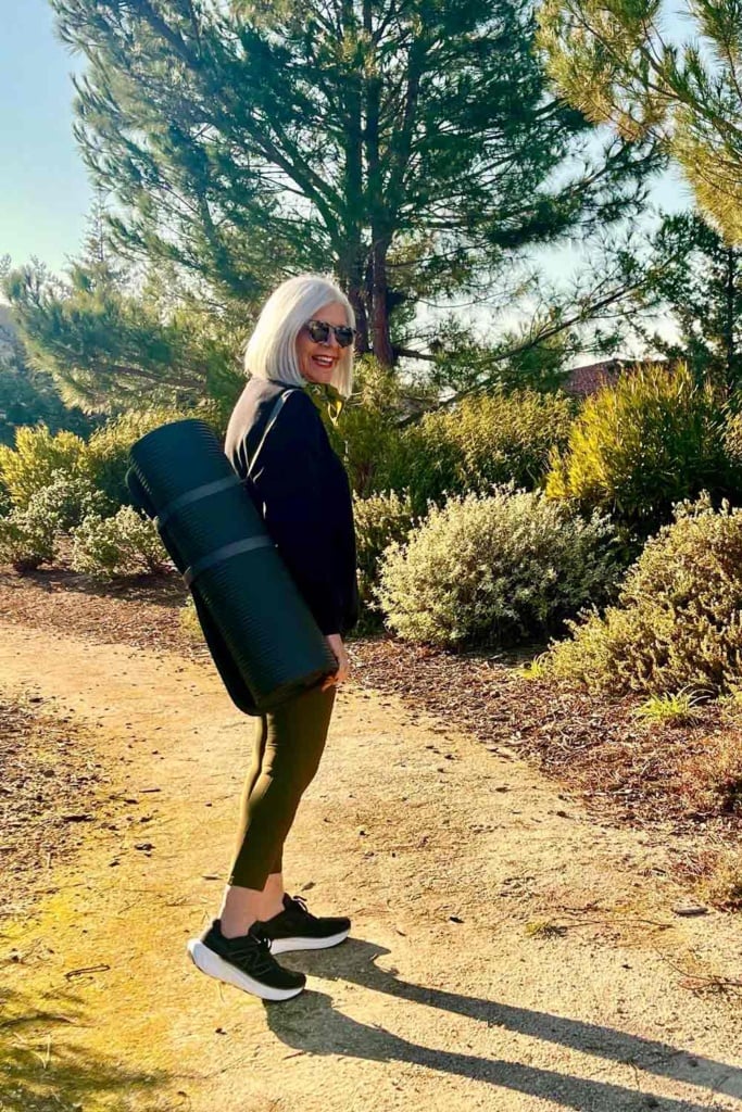 Target pilates matt, Athleta Sweatshirt, and gap leggings
