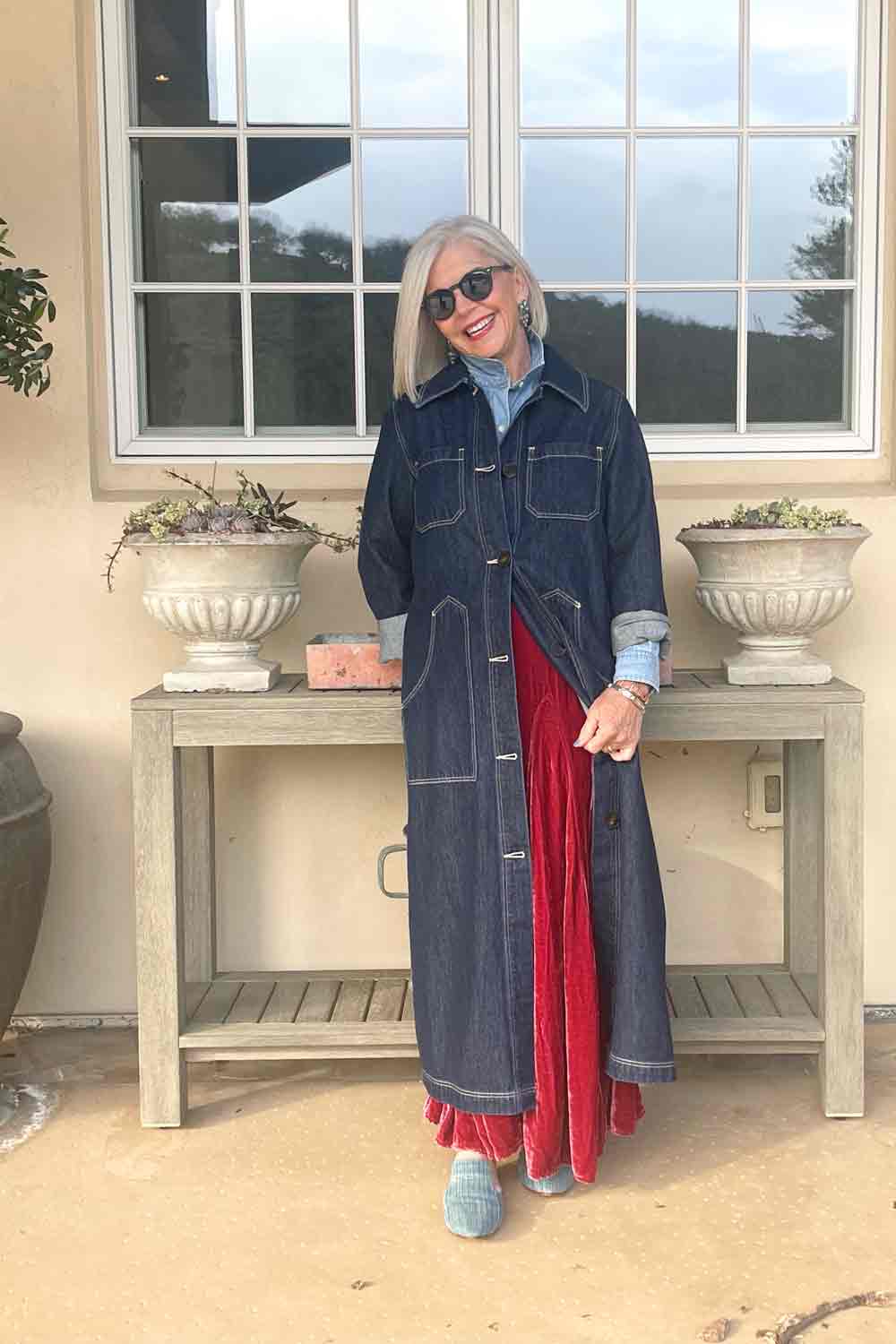 Denim duster with Lily skirt and denim shirt