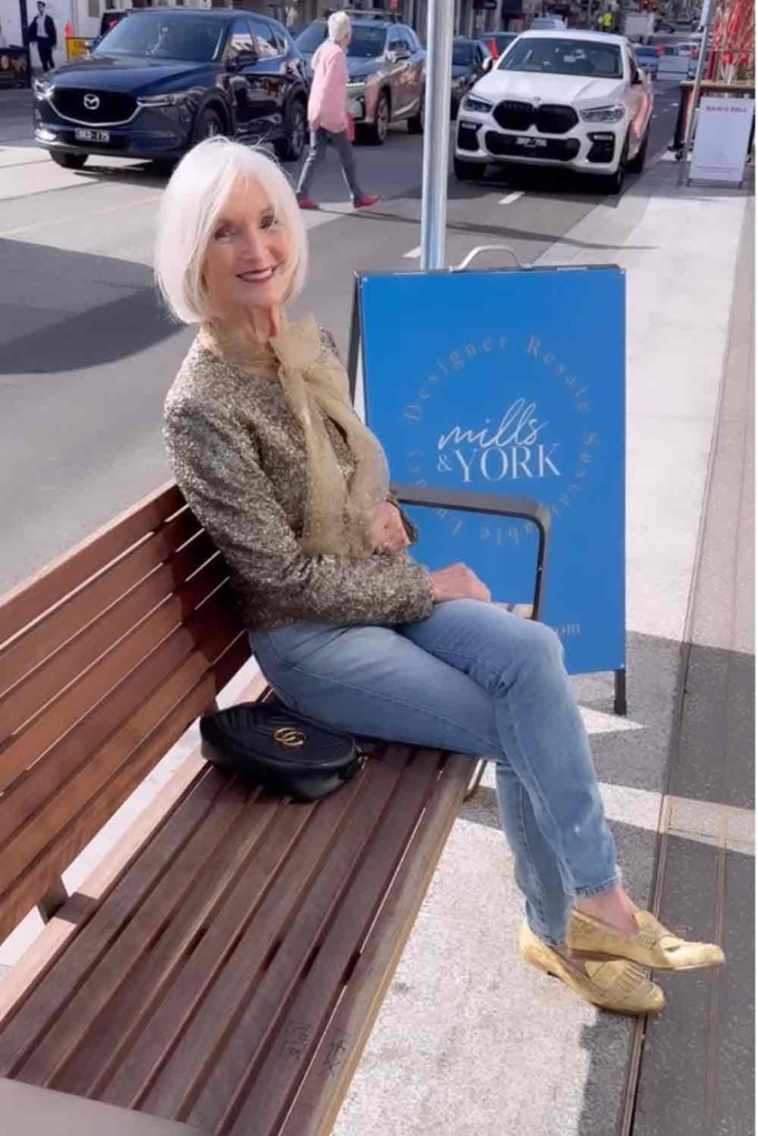 Marie on a park bench