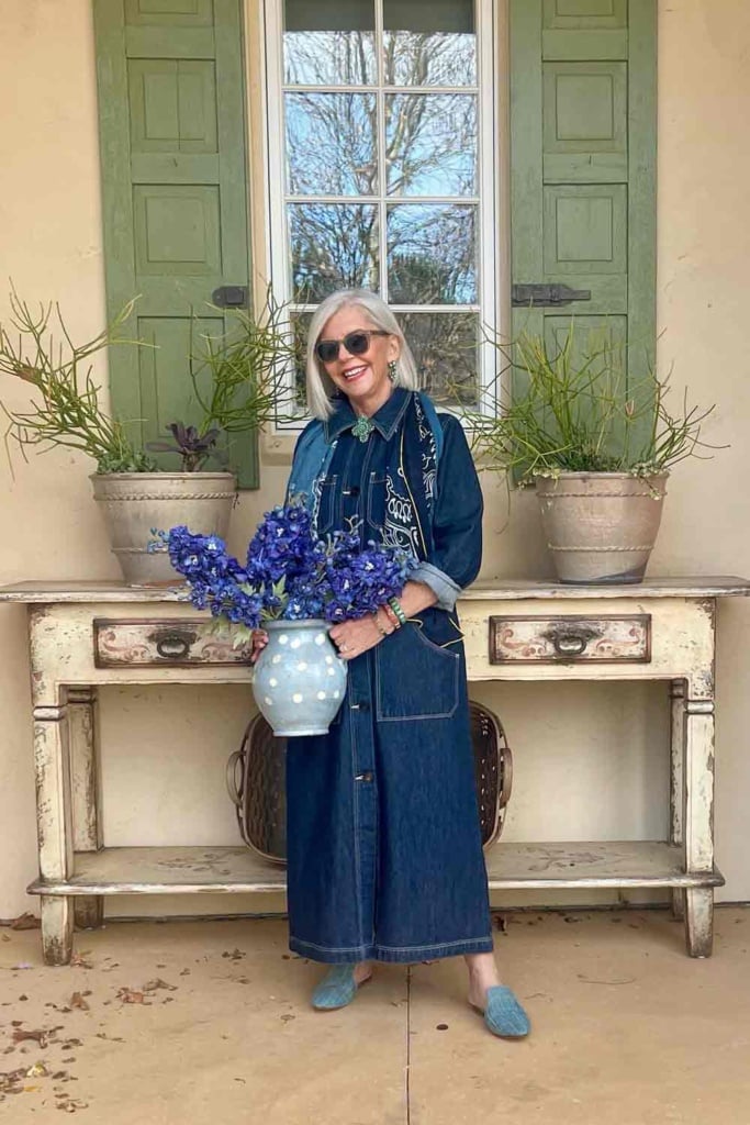 Denim midi dress styled with denim mules and bandana scarf