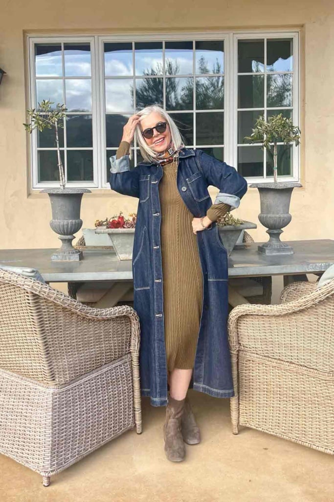 denim duster with sweater dress