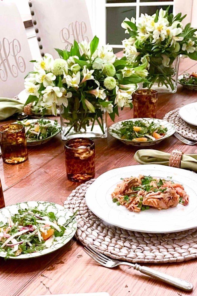 Farm to table meal paella and salad