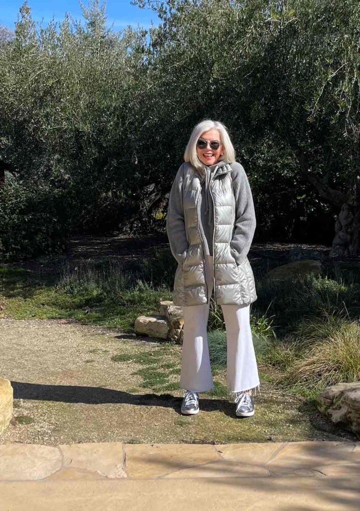 white jeans gray cashmere hoodie & METALLIC PUFFER