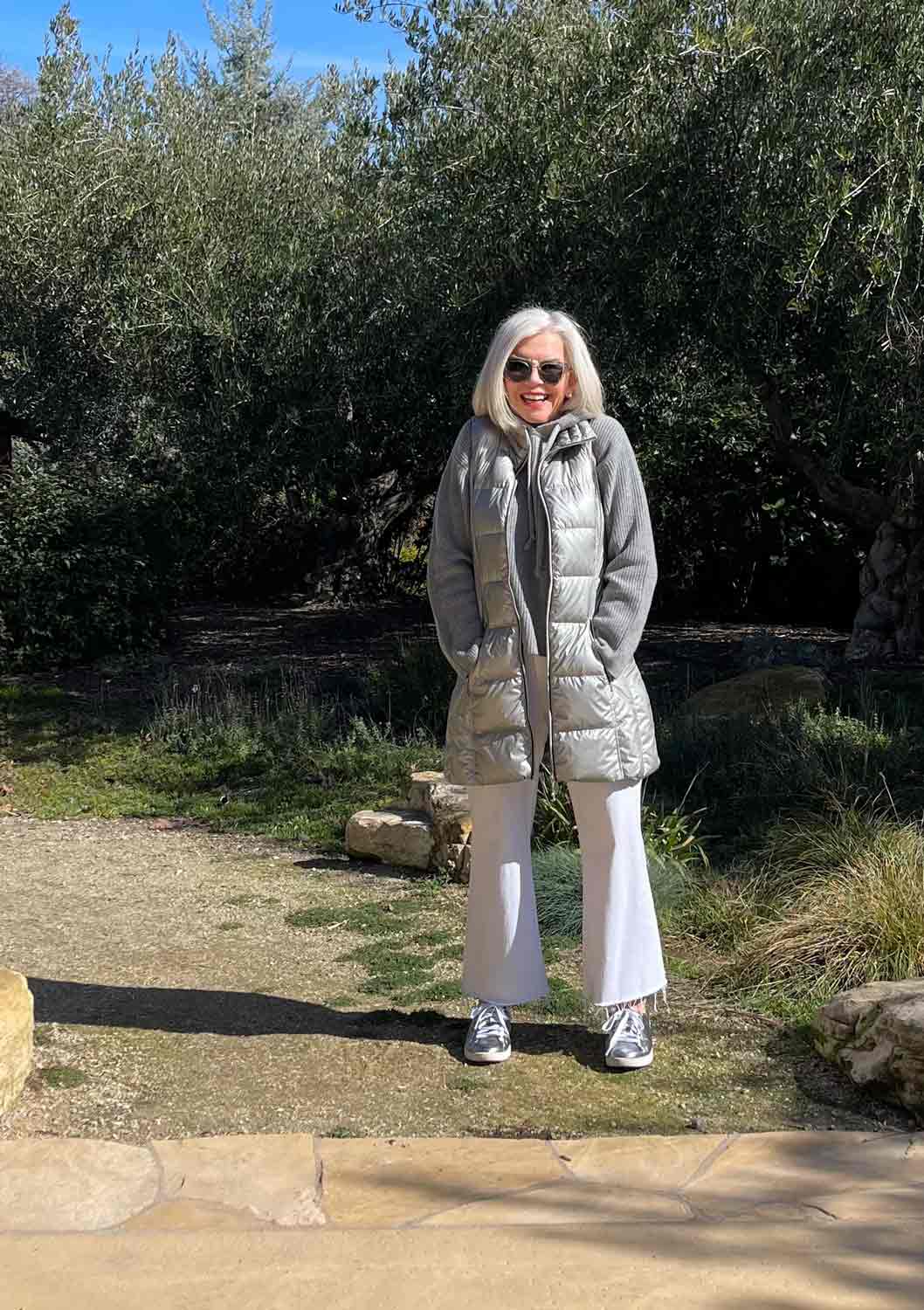 white jeans gray cashmere hoodie & METALLIC PUFFER
