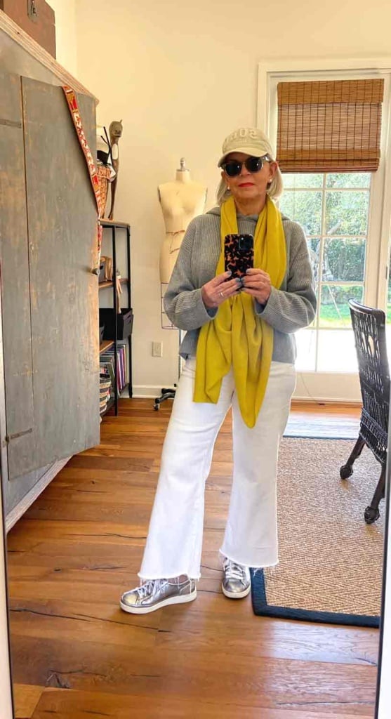 white jeans gray cashmere hoodie & cashmer scarf