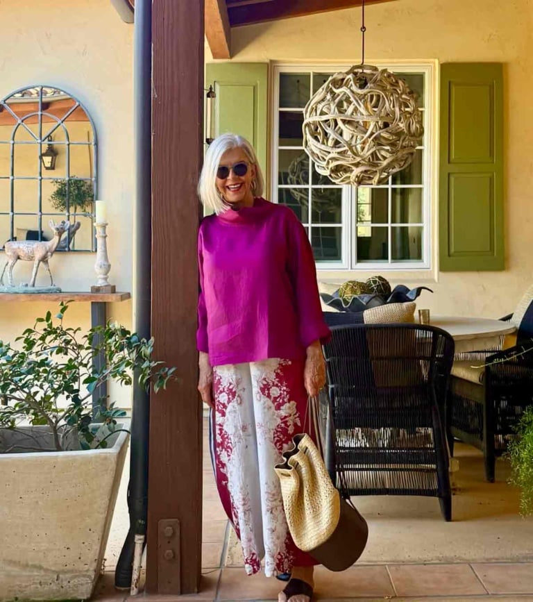 Cindy Hattersley wearing Alemais line pants and Lintico Linen Shirt -resort wear for women over 50