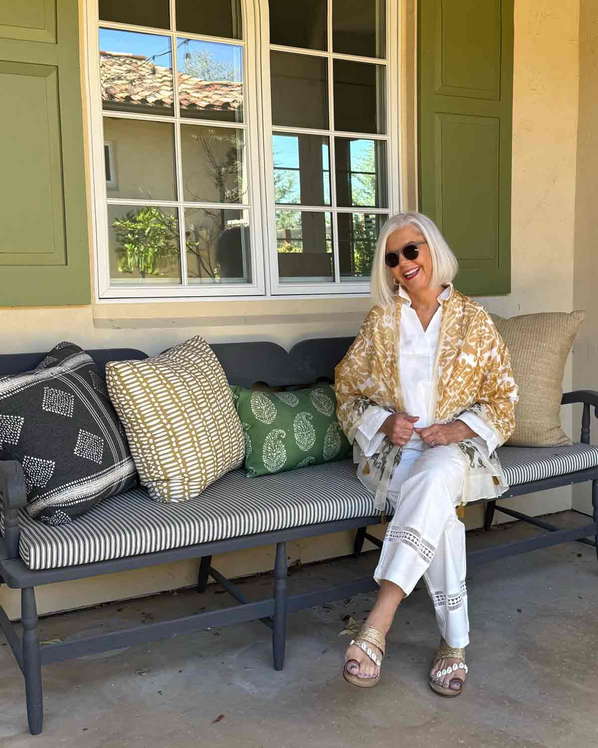 Cindy Hattersley in white linen Lintico set with Gerard Darel Scarf